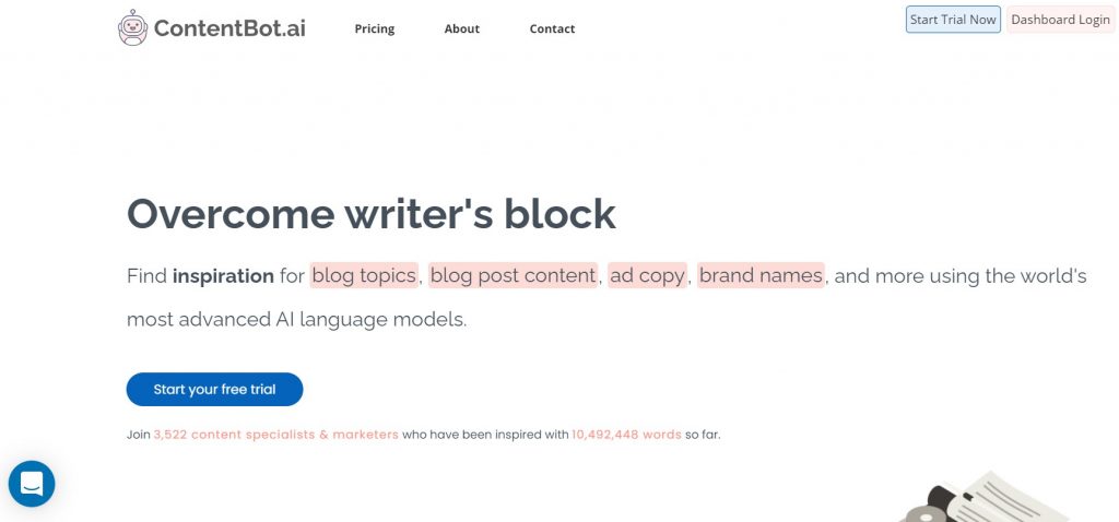 ContentBot writer's block landing page